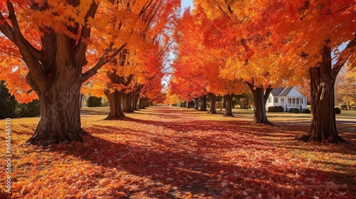A symphony of autumn leaves  a riot of golds  reds  and oranges  carpeting the ground beneath a stately row of maple trees
