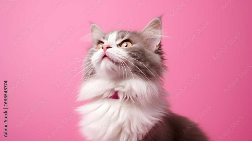 A cat in front of pink background
