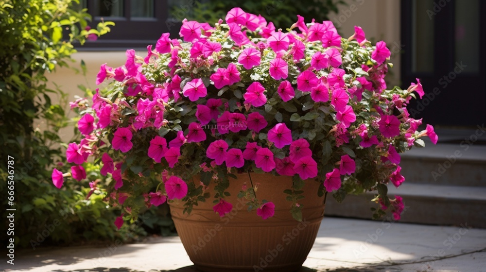 A terracotta pot brimming with cascading pink petunias, adding a burst of color to a sun-dappled patio