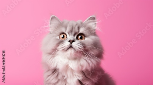 A cat in front of pink background