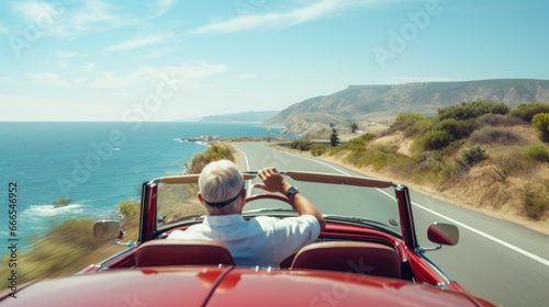 A happy middle-aged man is driving a car on a summer time