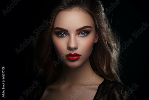 Portrait of young woman with beautiful makeup on black background. Glamorous female model with red lips. Generate ai