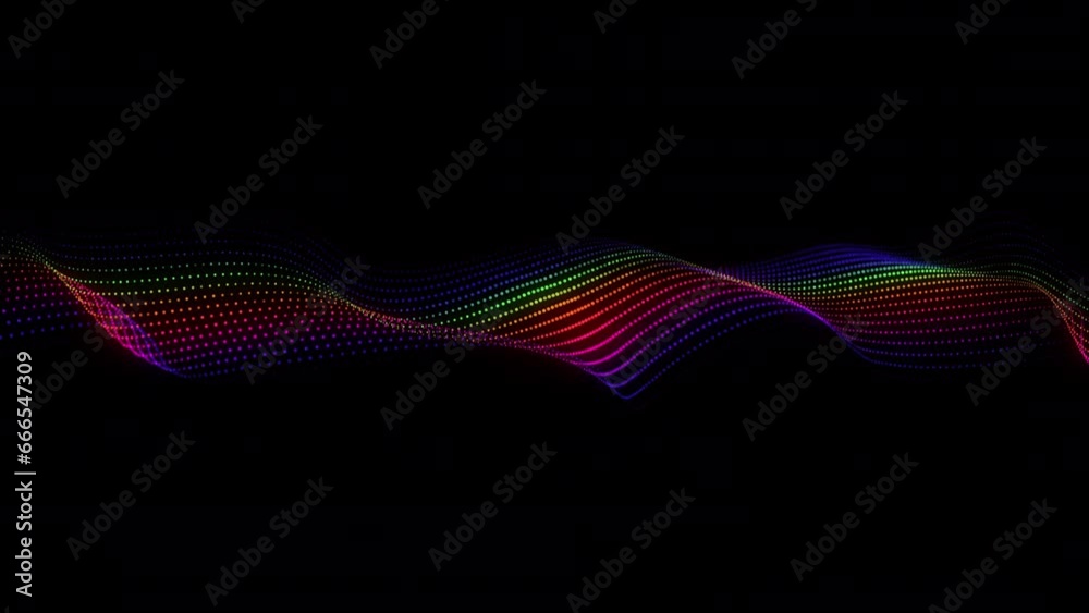 4k Video. Neon particles background. 3d Render. Abstract art animation. Futuristic sci-fi intro. Seamless loop. Isolated on black background. Colorful wavy texture. Dots wave. Wavy lines texture.