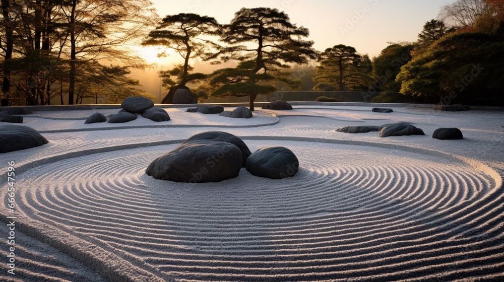 a tranquil, Zen garden at dawn, with raked gravel patterns and perfectly placed stones, symbolizing harmony and balance