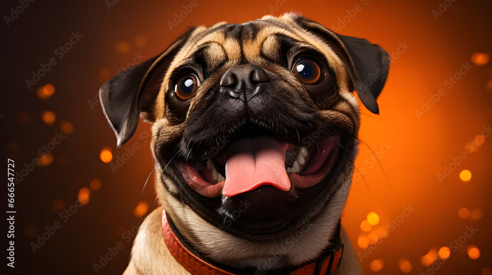 Funny pug dog with tongue out on orange background with lights