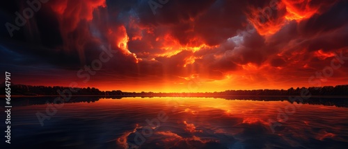 Fiery red and orange sky over a calm lake with a horizon line of trees