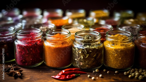 a variety of colorful spices and seasonings, artfully arranged in small glass containers, bathed in soft, diffused light