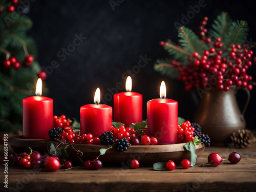 Christmas candles, Advent wreath, four red candles with red berries on wooden table