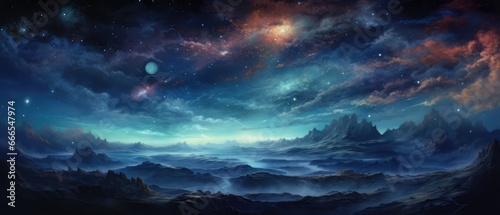 Beautiful night sky with a galaxy and a fantasy planet over mountains © ArtStockVault