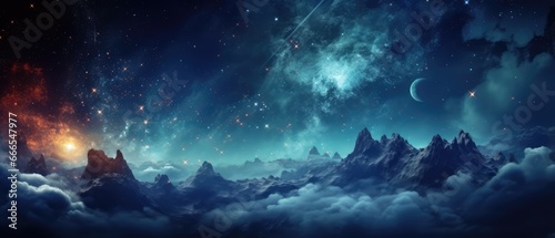 Beautiful night sky with a galaxy and a fantasy planet over mountains