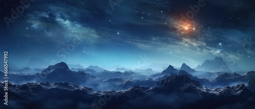 Beautiful night sky with a galaxy and a fantasy planet over mountains © ArtStockVault