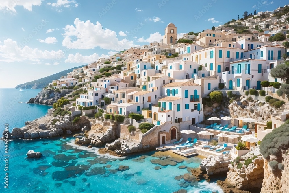  A Coastal Cityscape, Gracefully Adorned with Beautiful White Houses, Basking on the Edge of the Sea