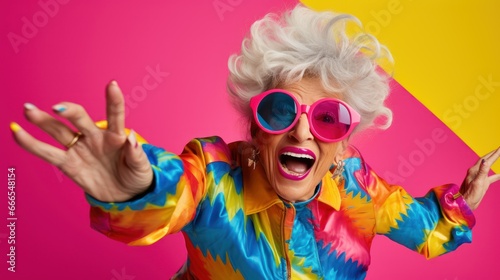 The old woman, posing in front of a pink background with her colorful clothes, challenges old age