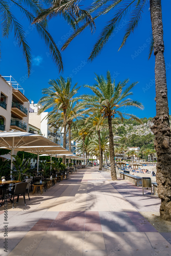 Seaside restaurants along the sea promenade of Port de Soller, Mallorca