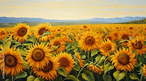 A vibrant field of sunflowers, their golden faces turned towards the sun, creating a breathtaking sea of yellow and green