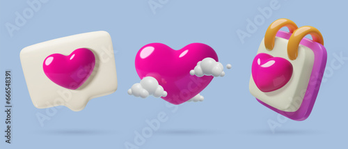 February 14 3D icons set. Valentine's Day calendar, social media speech bubble and purple heart with clouds. Romantic realistic three dimensional vector objects.
