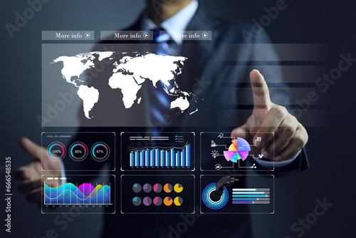 Virtual dashboard analytic with data chart and business information is operate by businessman to search and monitoring global activity result of each branch locate around the world