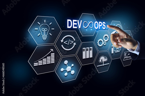Devops software development IT operation engineer hand pointing on agile working system virtual screen black background.
