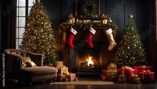 Christmas stocking on fireplace background, award winning fashion magazine cover photo of Christmas tree with red presents