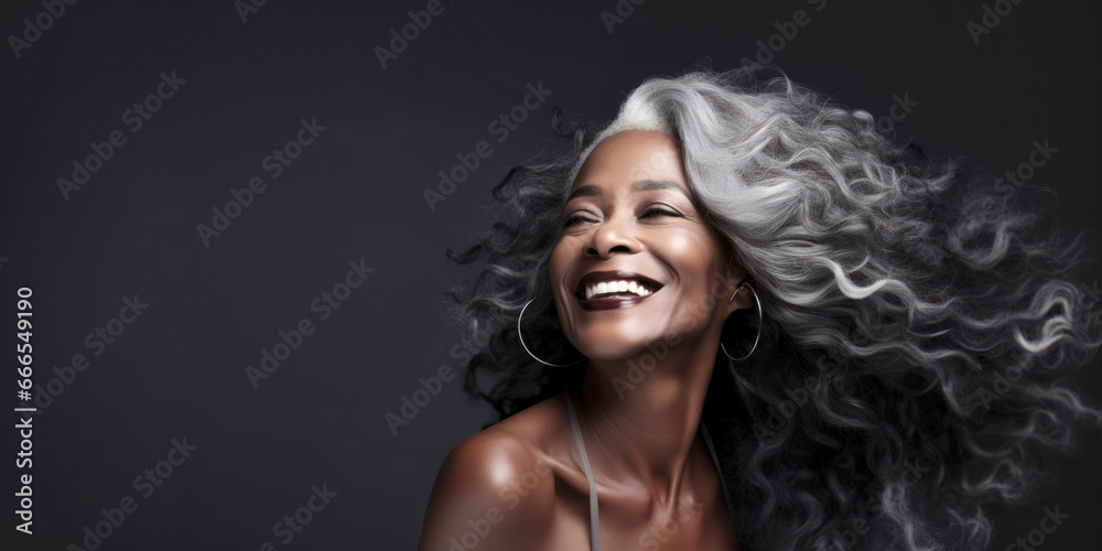 Fototapeta premium . Gorgeous aging mature woman with long gray hair and happy smiling. AI Generative