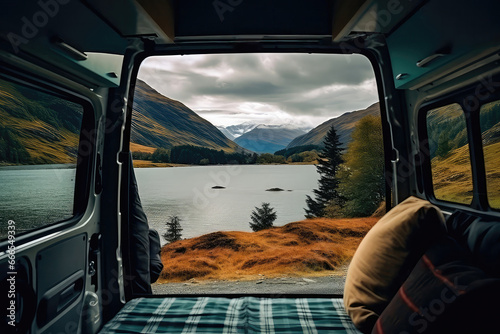 Breathtaking View Of Scottish Loch From The Back Of Campervan