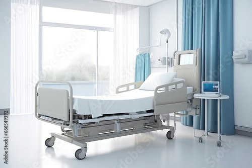 Bright White Multipatient Bed In Hospital Room.   oncept Hospital Room Setup  Multipatient Bed  Bright White Design  Comfortable Environment