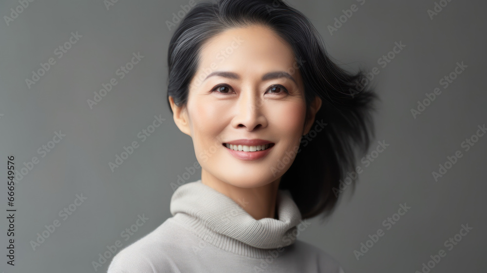 Beautiful aging mature asian woman with long gray hair and happy smiling. AI Generative Beautiful aging mature asian woman with long gray hair and happy smiling. AI Generative