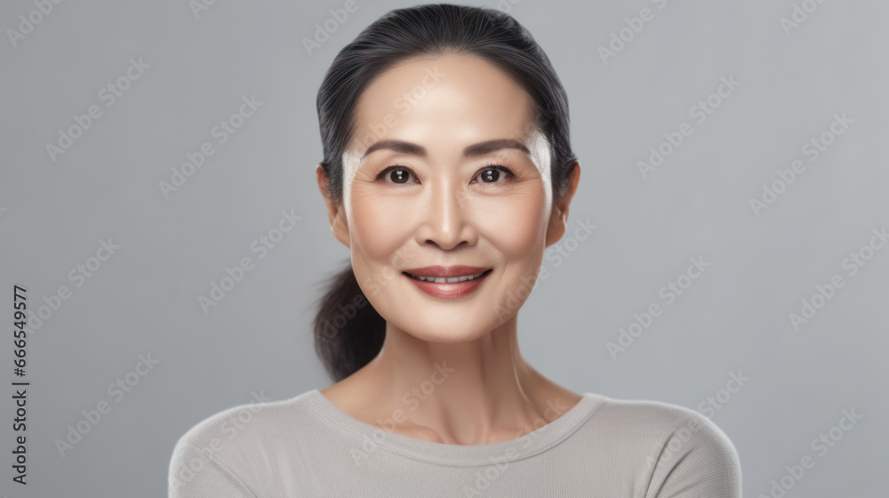 Beautiful aging mature asian woman with long gray hair and happy smiling. AI Generative Beautiful aging mature asian woman with long gray hair and happy smiling. AI Generative