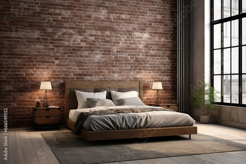Cozy Bedroom With Bed Against Rustic Brick Wall