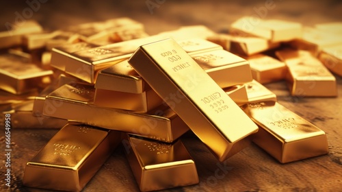 Several gold bars in a pile.