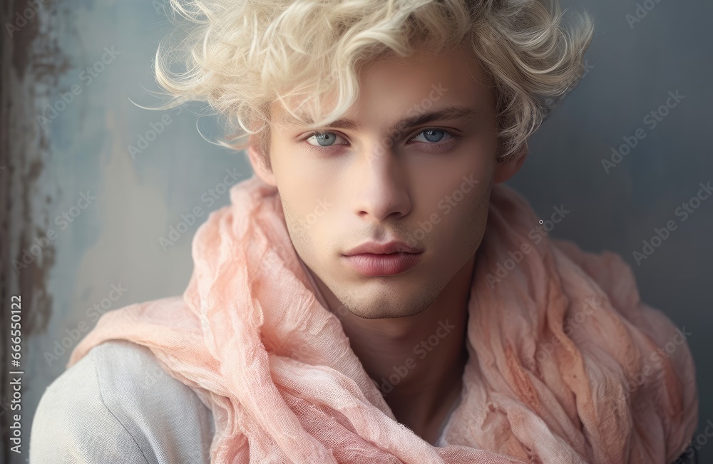 Dreamy-eyed male model, soft pastel tones.