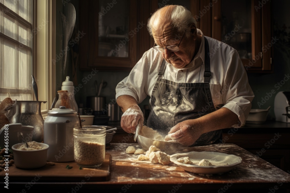 Elderly man baking in the kitchen. Elderly man baking in the kitchen.