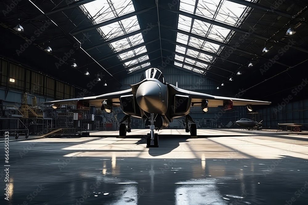 Military Aircraft Inside Hangar, Ready For Action - obrazy, fototapety, plakaty 