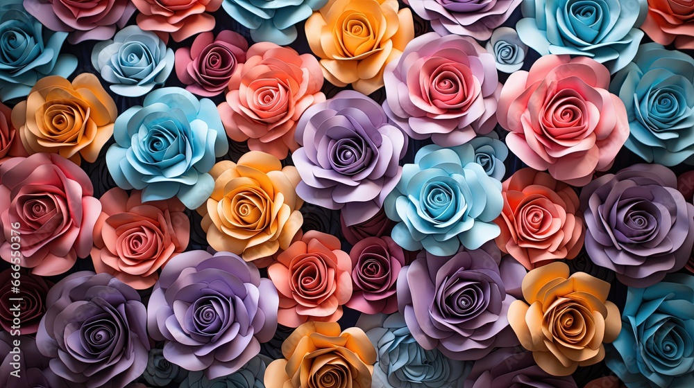 a large group of colorful paper flowers on a black background. generative ai a large group of colorful paper flowers on a black background. generative ai