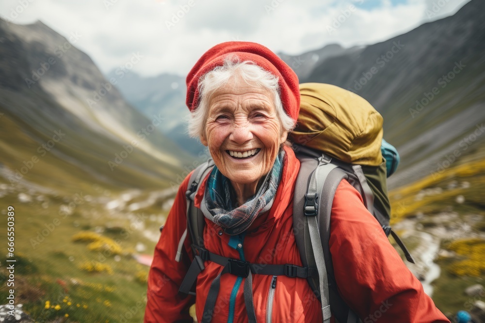 Elderly woman backpacking in the mountains, spirit of adventure.