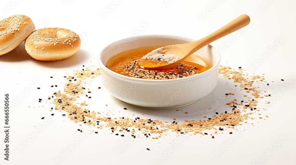 a bowl of soup with a bagel in the background. generative ai a bowl of soup with a bagel in the background. generative ai