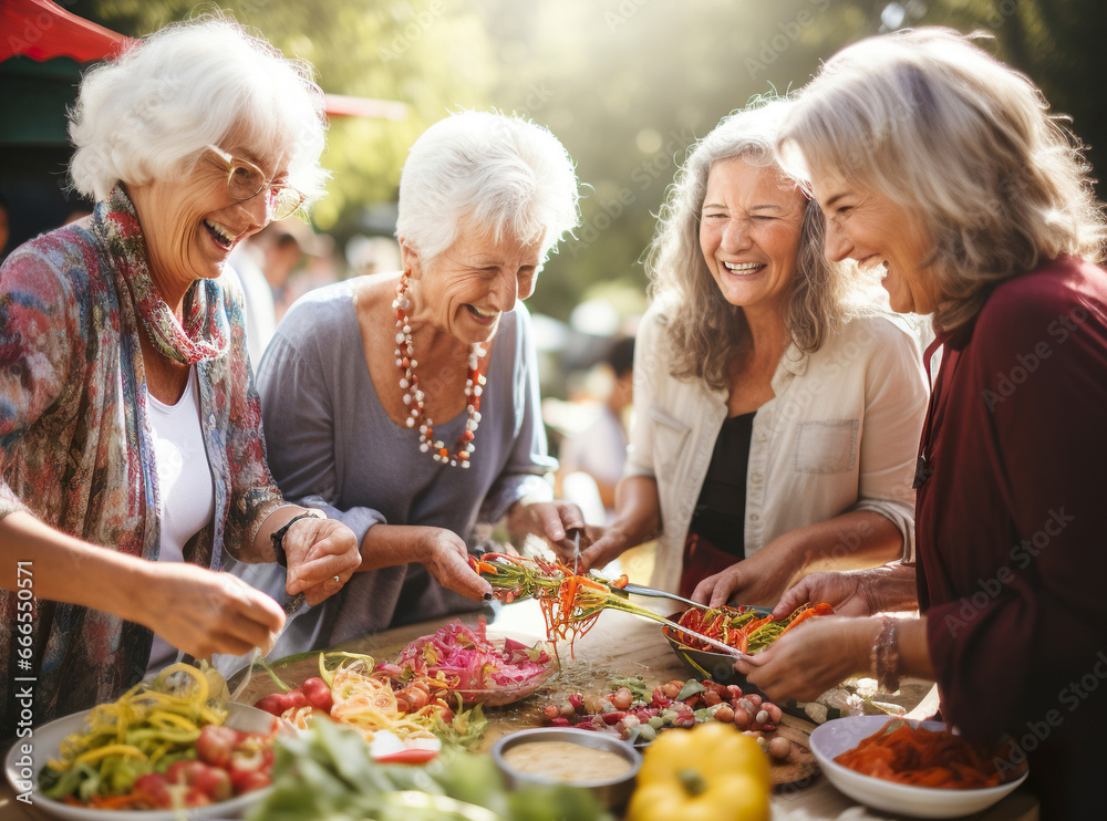 Group of seniors women having fun in park in picnic in summer Group of seniors women having fun in park in picnic in summer