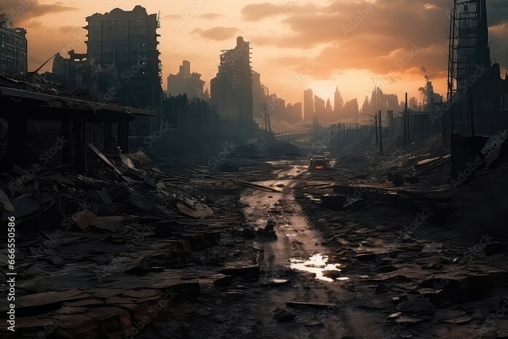 Postapocalyptic City With Destroyed Buildings And Roads