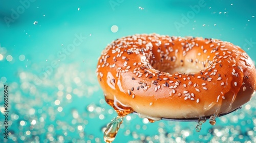  a bagel with sesame seeds falling out of it on a blue background. generative ai