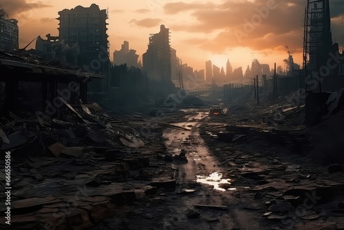 Postapocalyptic City With Destroyed Buildings And Roads