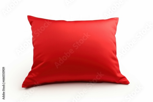 Red bright pillow isolated on white fabric background. Sleep rest furniture comfortable. Generate Ai