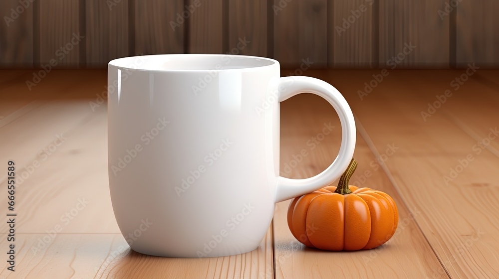 a white coffee mug sitting on top of a wooden floor. generative ai a white coffee mug sitting on top of a wooden floor. generative ai