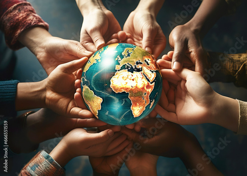 Multiethnic group of people holding planet Earth #666551559