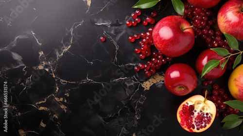  a marble table topped with pomegranates and apples. generative ai