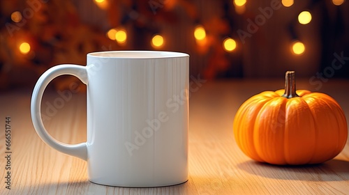  a white coffee mug sitting next to a pumpkin on a table.  generative ai © Shanti