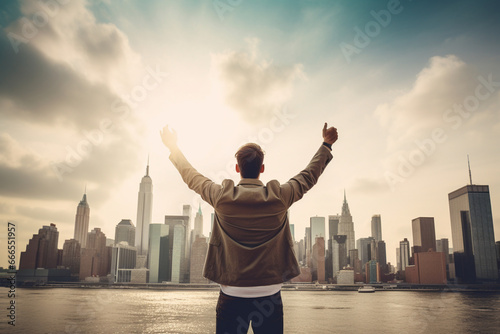 Young man with arms raised in front of the city skyline