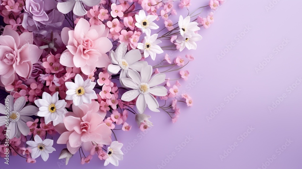  a bunch of pink and white flowers on a purple background.  generative ai