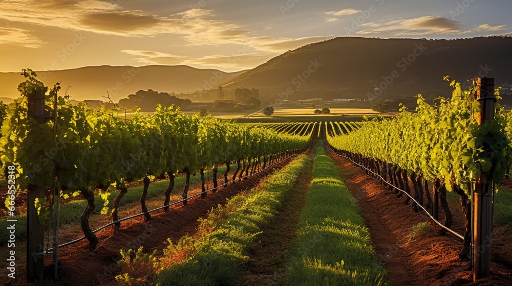 , tranquil vineyard in the early morning light, with rows of grapevines stretching into the distance, ready for harvest