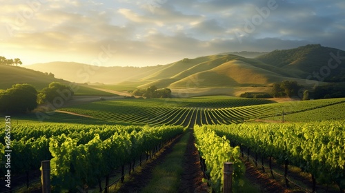 , tranquil vineyard in the early morning light, with rows of grapevines stretching into the distance, ready for harvest
