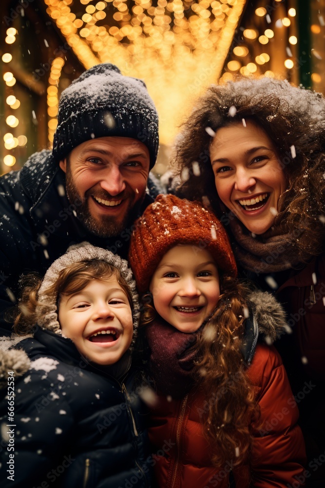 Winter holidays concept. Happy fabulous childhood. A European family is having fun at a Christmas market in the city. Father and mother with son and daughter relationship. Generative AI.